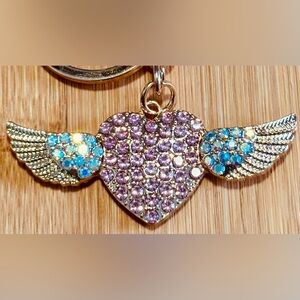 Heart and Wings Bag Charm PINK & AB Rhinestones Keychain Bling Gold Tone NEW NIP